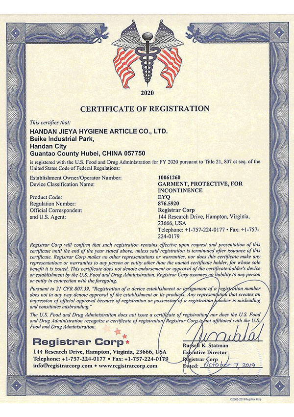 FDA certification CERTIFICATE OF REGIST...